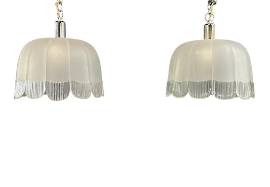 Pair of Art Deco Hand-Blown Glass Pendants with Scalloped Detailing 1930s France