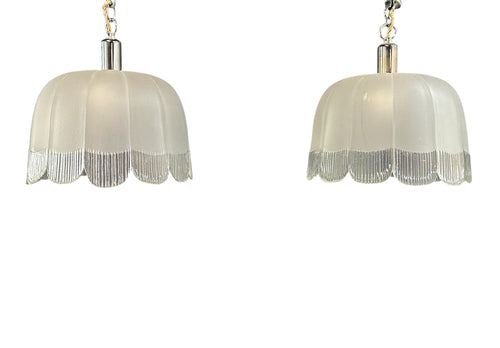 Pair of Art Deco Hand-Blown Glass Pendants with Scalloped Detailing 1930s France