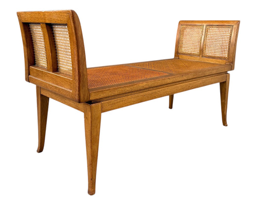 Mid-Century Fine Arts Furniture Cane Bench in Blond Mahogany
