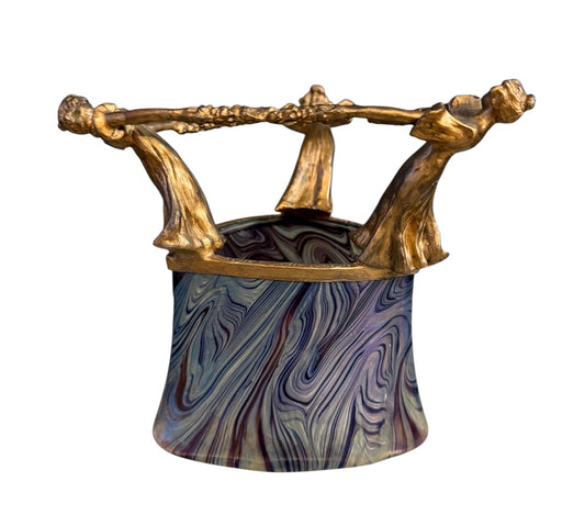 Loetz Art Nouveau Iridescent Glass Vase with Gilt Figural Rim Austria circa 1895