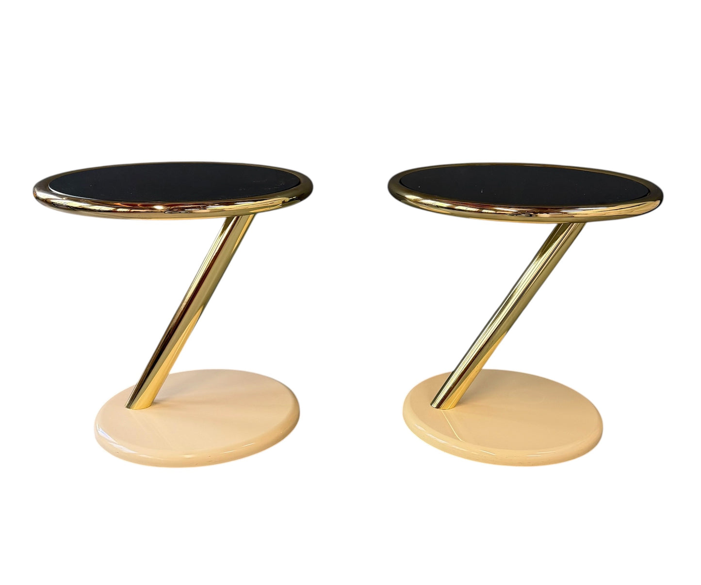 Pair of Casprini Italian Postmodern Side Tables in Brass, Grey Glass and Lacquer 1980s