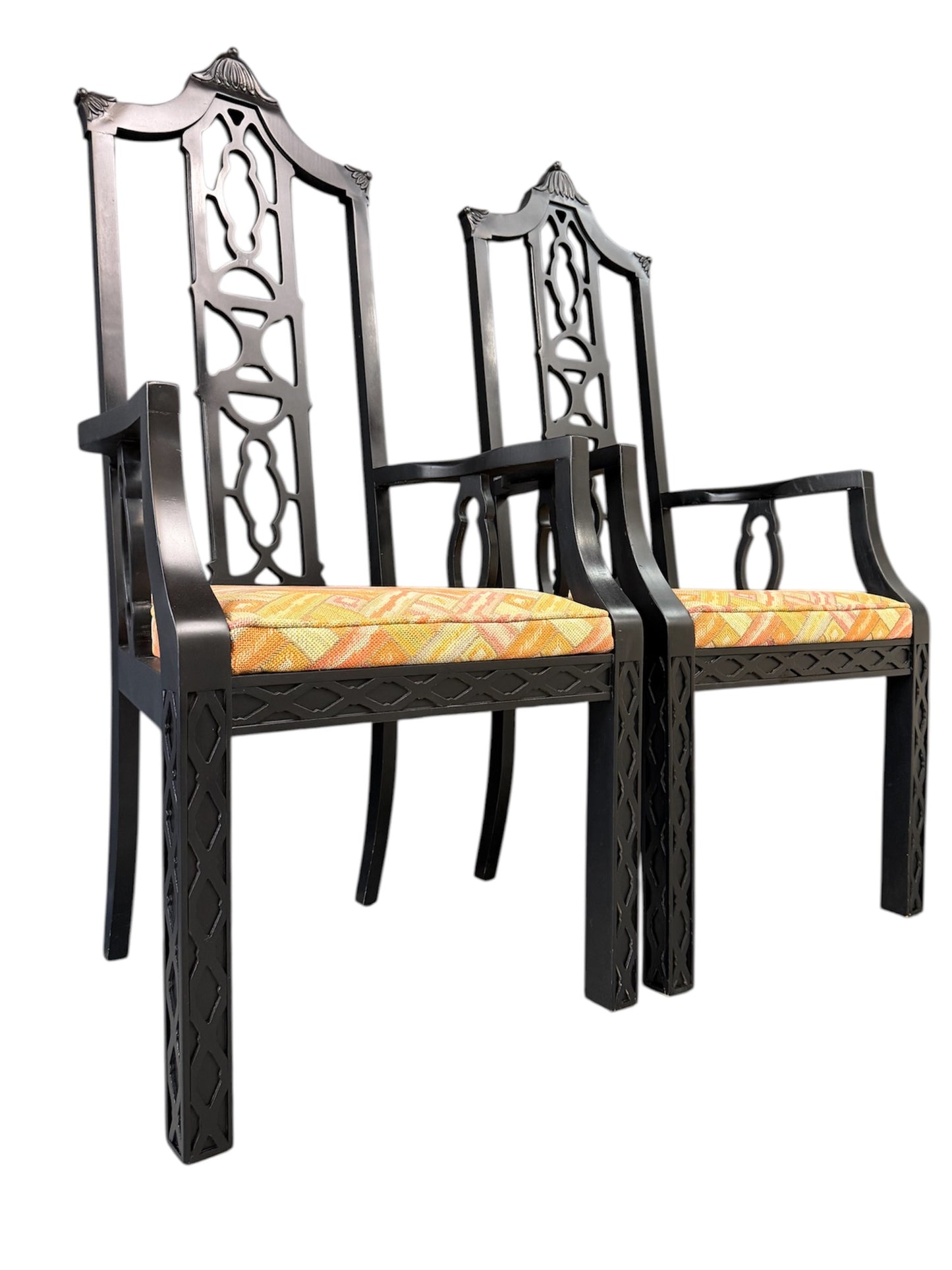 Elegant pair of 1970s Black Chinoiserie Arm Chairs w/Carved Details Mid Century