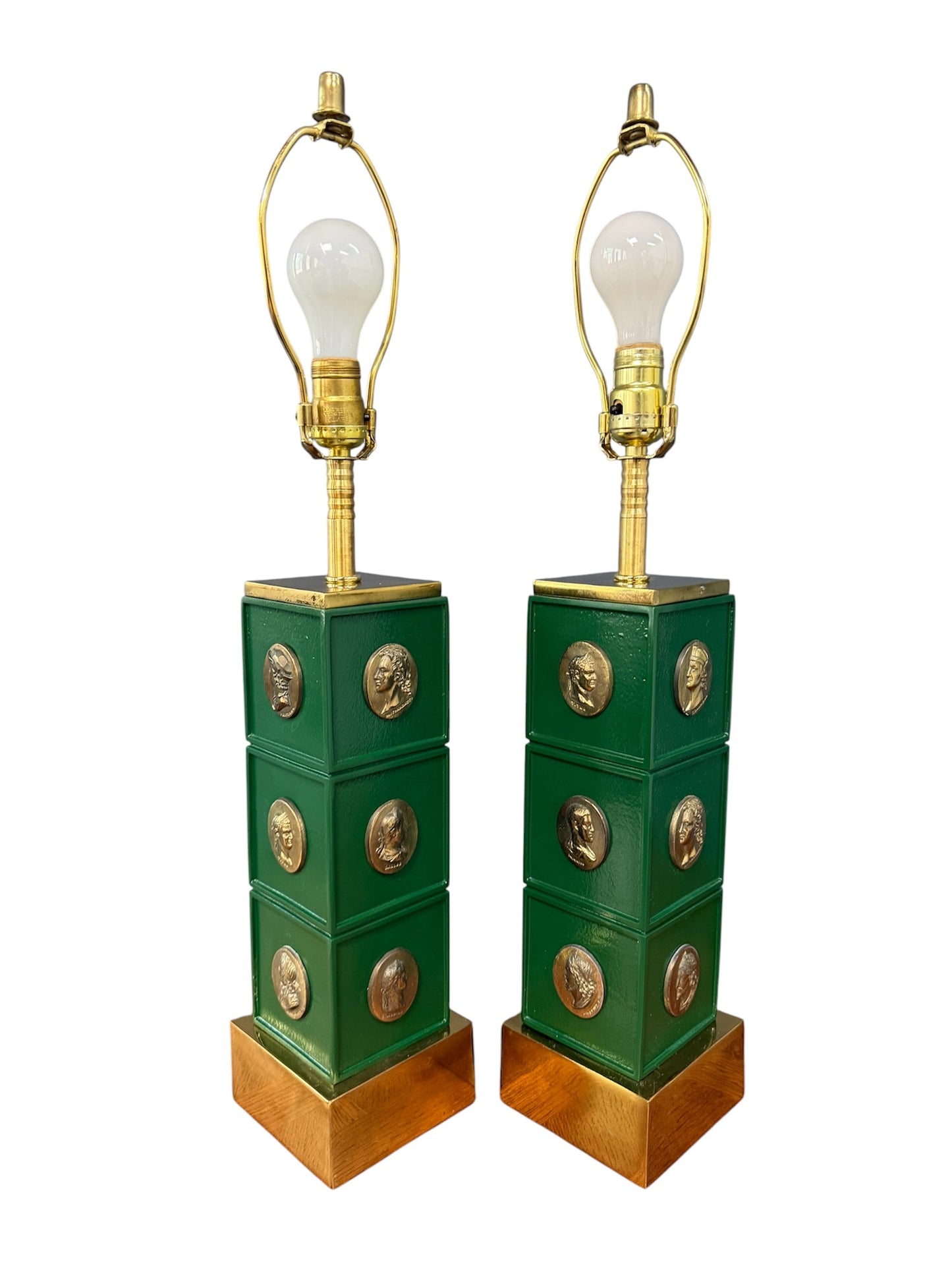 Pair of Neoclassical Style Green Column Lamps with Brass Medallions w/Brass Base