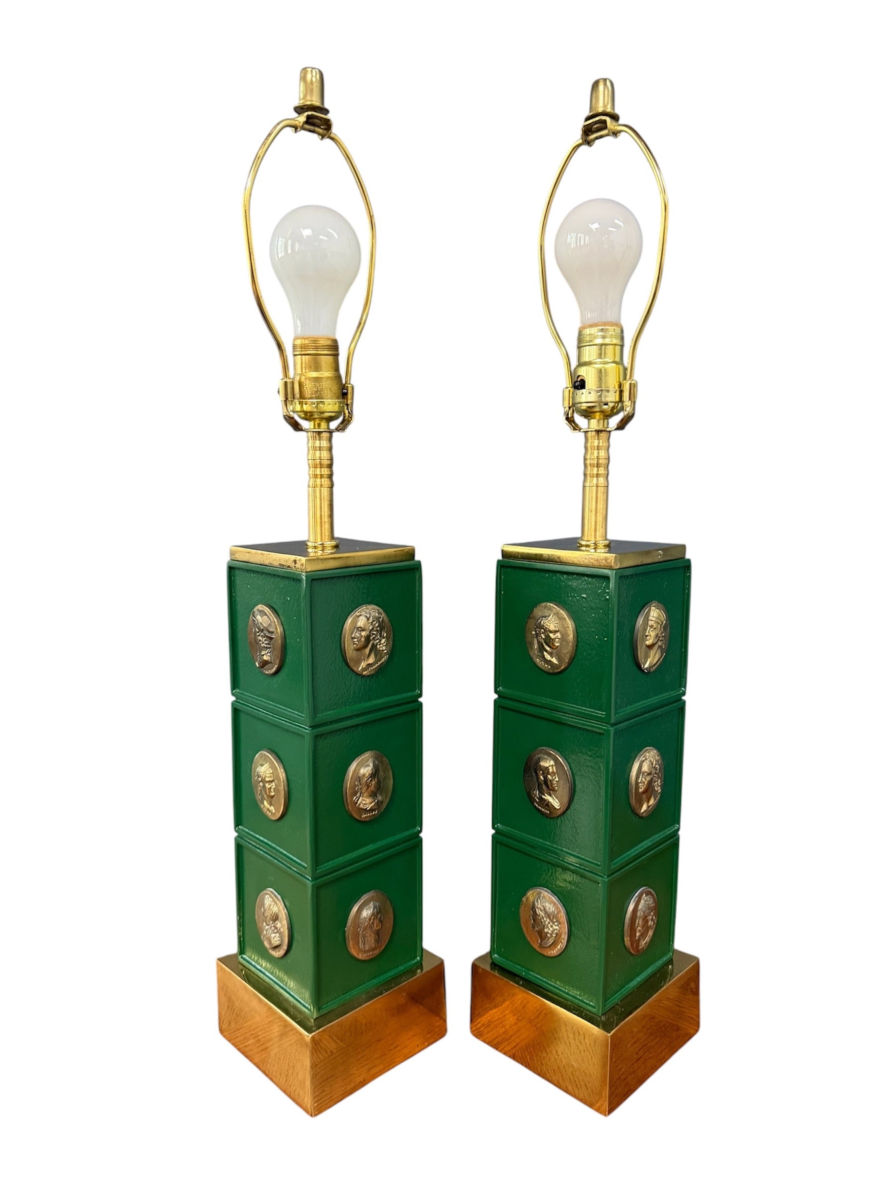 Pair of Neoclassical Style Green Column Lamps with Brass Medallions w/Brass Base