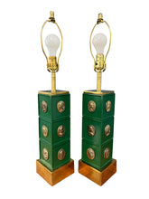 Load image into Gallery viewer, Pair of Neoclassical Style Green Column Lamps with Brass Medallions w/Brass Base