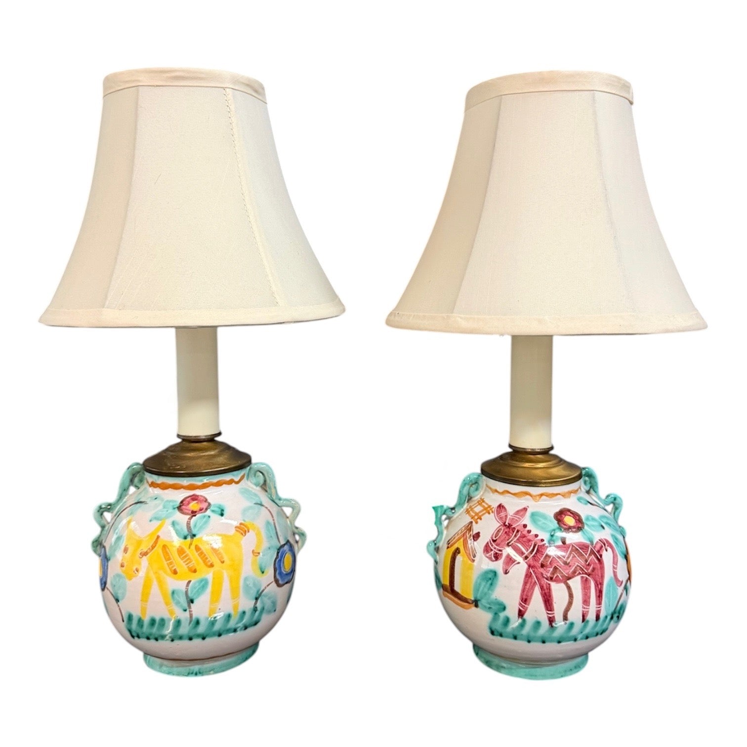 Pair of Italian Hand-Painted Ceramic Bedside Lamps with Stylized Animal Motifs