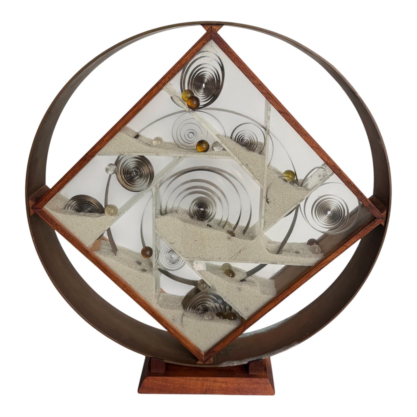 Ann Wiseman Kinetic Sand Fountain Sculpture in Walnut, Lucite, and Brass