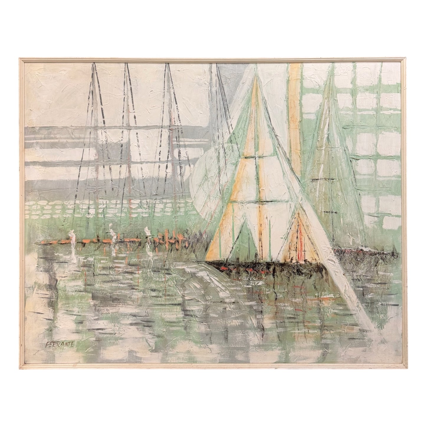 Large Abstract Mid Century Impasto Sailboat Harbor Scene by Ferrante