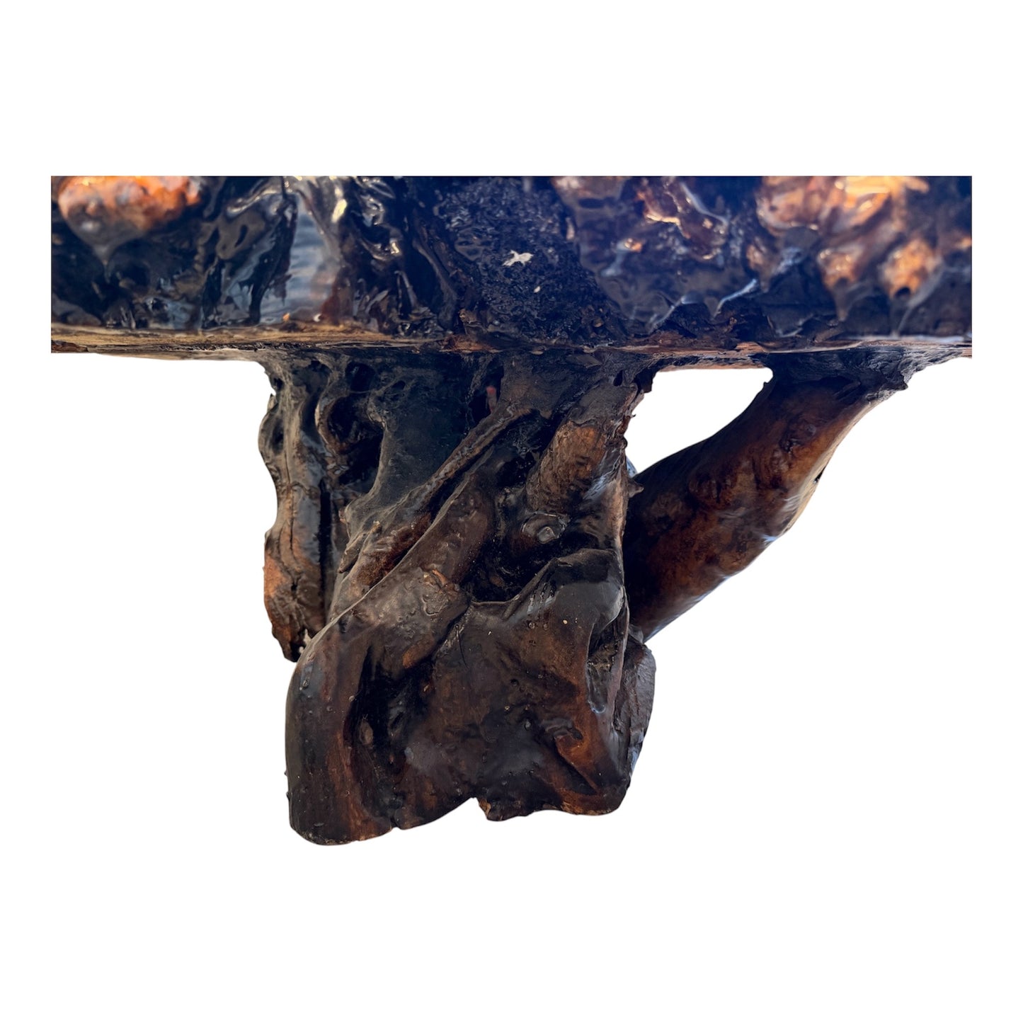 1970s Organic Burl Wood Live Edge Coffee Table with Sculptural Root Base
