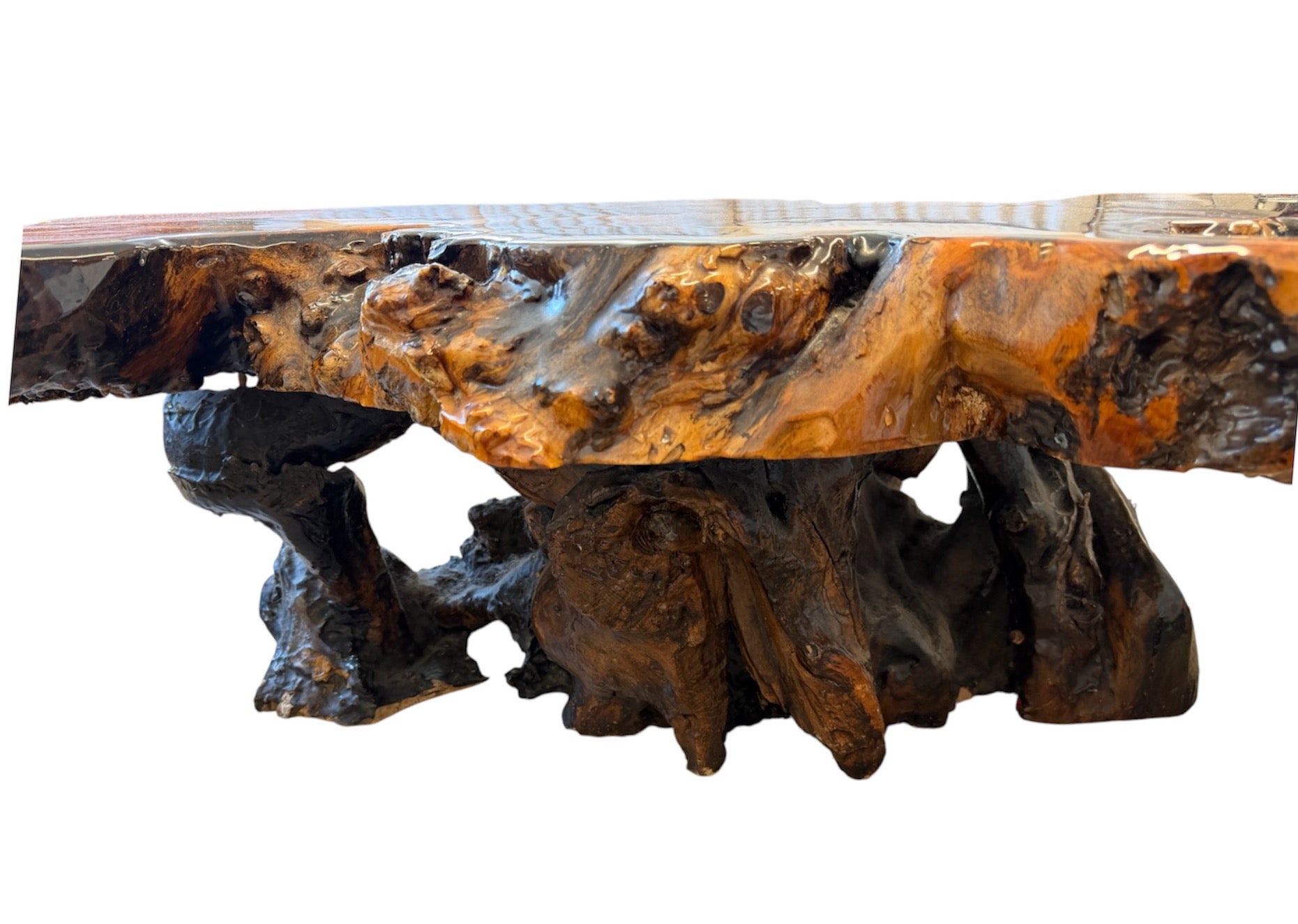 1970s Organic Burl Wood Live Edge Coffee Table with Sculptural Root Base