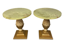 Load image into Gallery viewer, 1970s Pair of Vintage Onyx Top Gilt Artichoke Pedestal Side Tables Mid Century
