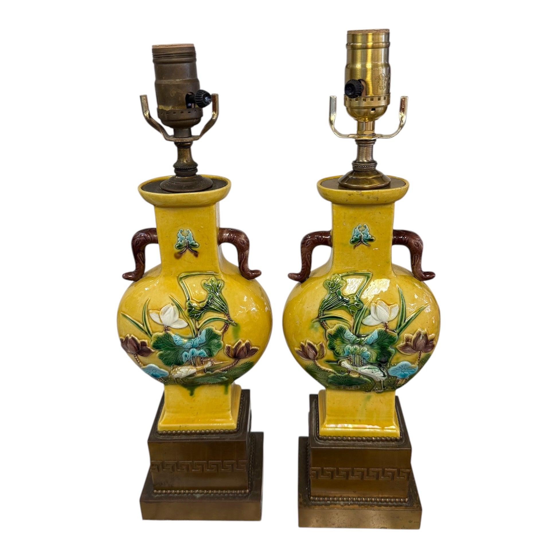 Porcelain Lamps w/Lotus & Crane Motif, Brass Greek Key
