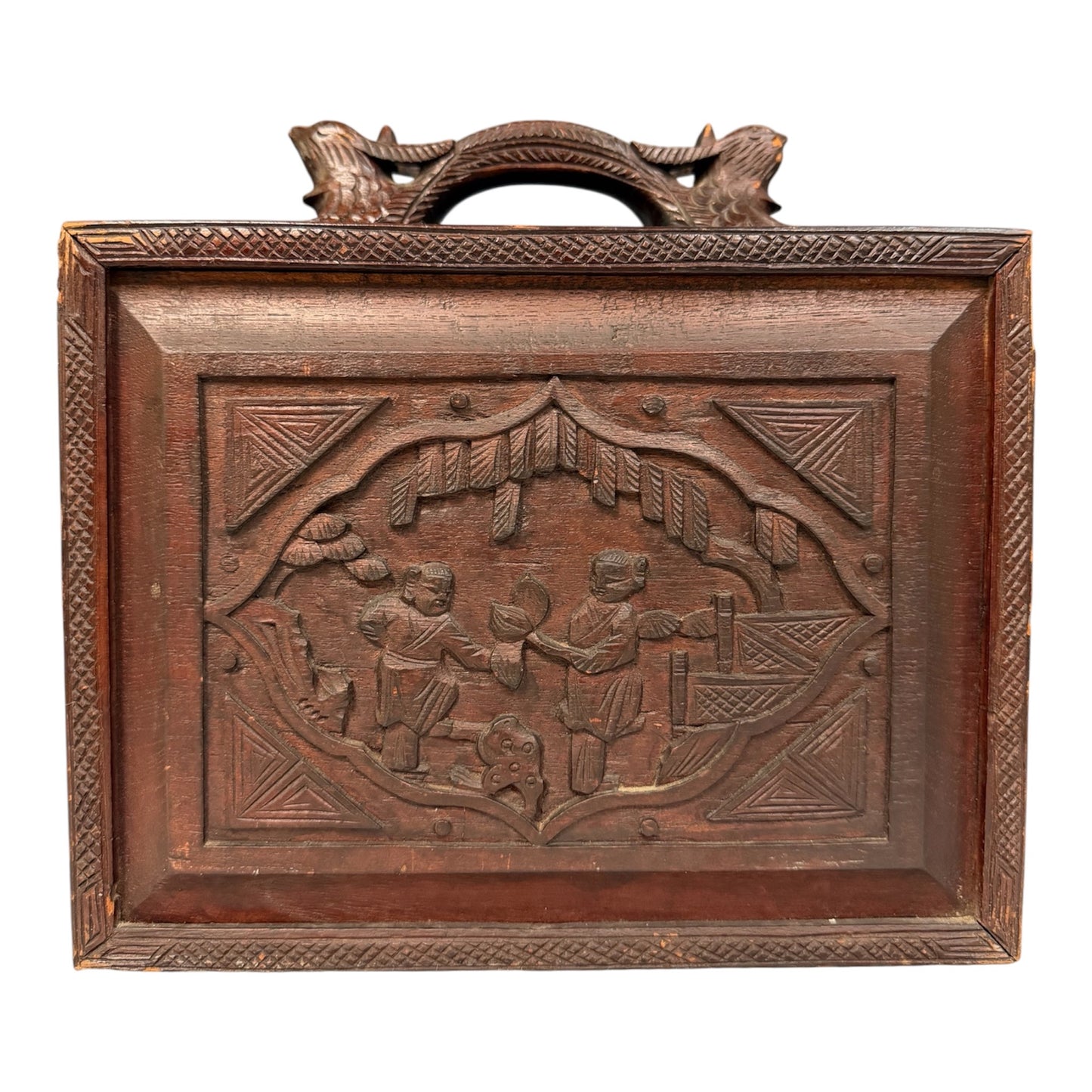 Antique Chinese Mahjong Set in Carved Dragon-Motif Wood Case, Early 20th Century