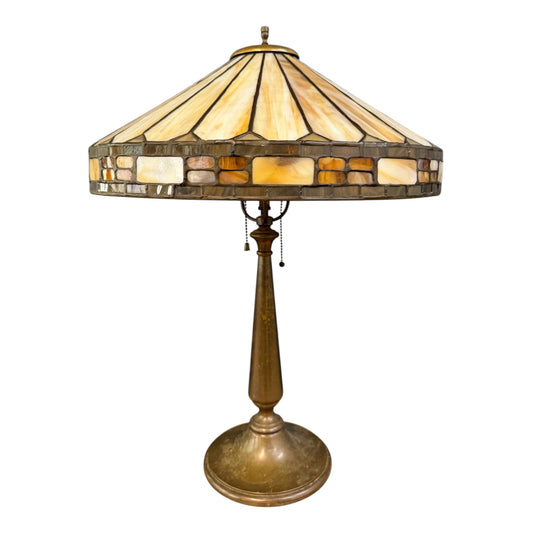 Antique Duffner & Kimberly Leaded Glass Table Lamp, Geometric Banded Shade 1910