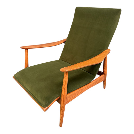 Heywood-Wakefield High-Back Lounge Chair, Sculpted Oak Frame, Olive Fabric 1960s