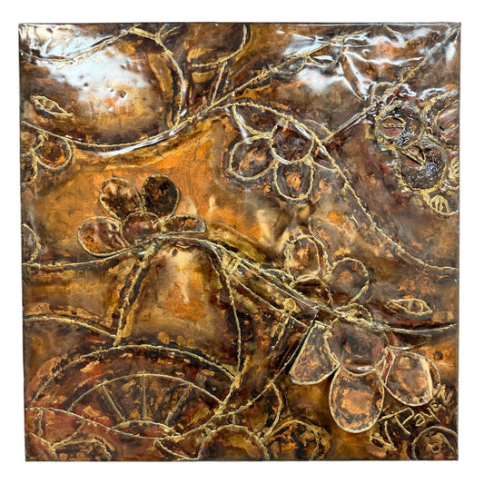 Vincent Payez Signed 1967 Torch Copper Wall Art, Brutalist Floral Repoussé Panel