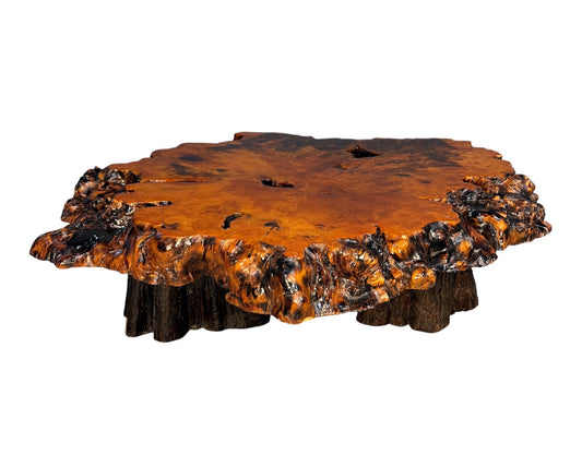 1970s California Redwood Burl Live Edge Coffee Table on Redwood Stump Base