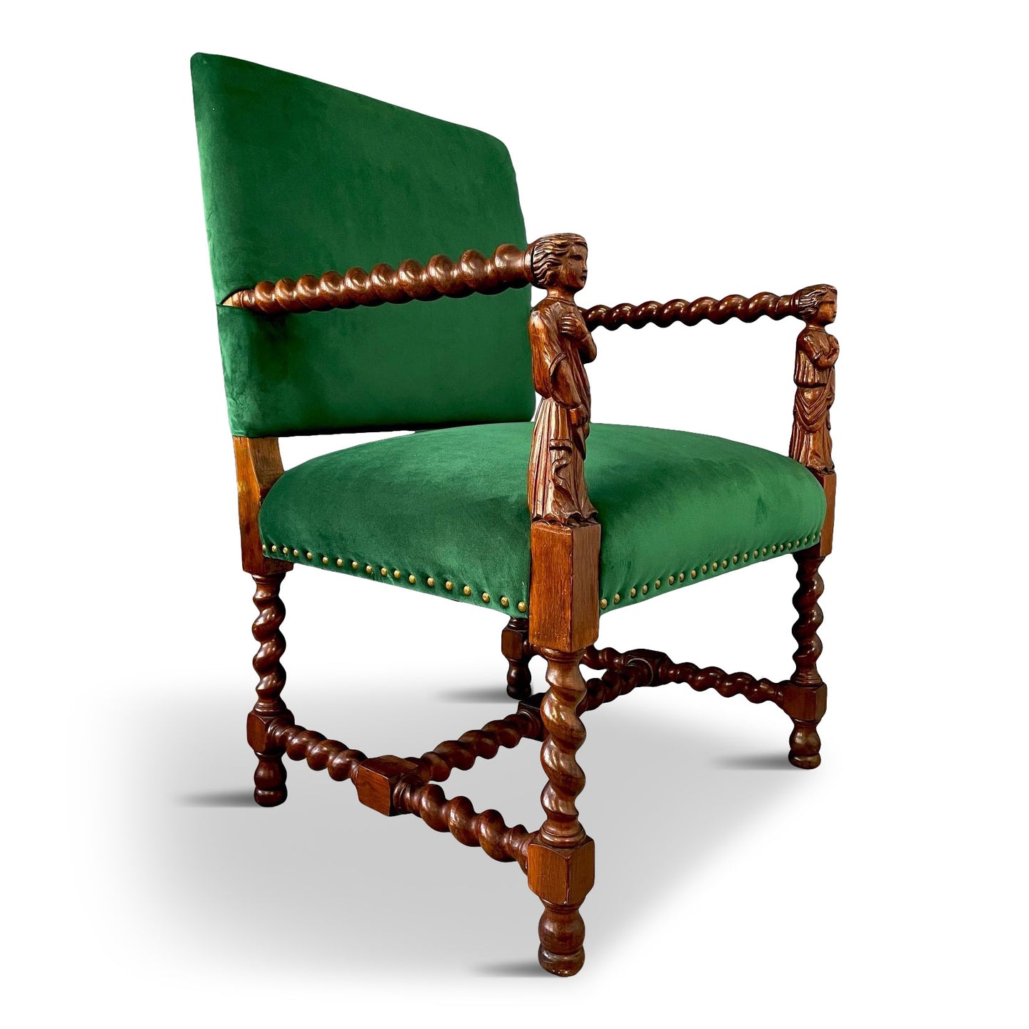 SOLD – Jacobean Barley Twist Oak Armchair with Figural Arms Upholstered in Green Velvet