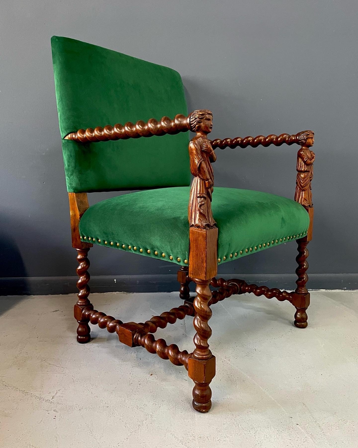 SOLD – Jacobean Barley Twist Oak Armchair with Figural Arms Upholstered in Green Velvet
