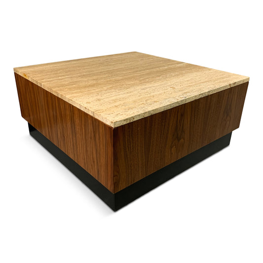 Travertine and Walnut Mid-Century Coffee Table on a Black Plinth Base