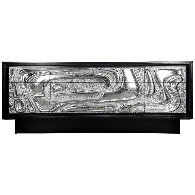SOLD – Sculptural Ebonized Credenza with Silver Leafed Front