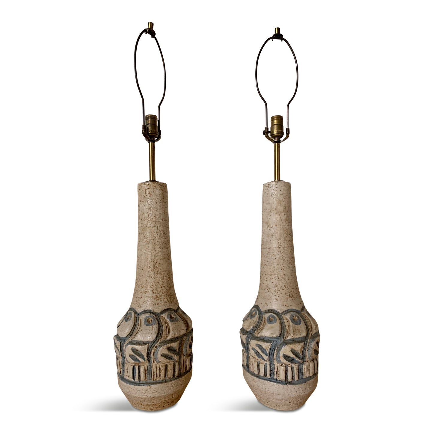 SOLD – Raymor Ceramic Mid Century Lamp with Incised Birds in the Style of Aldo Londi