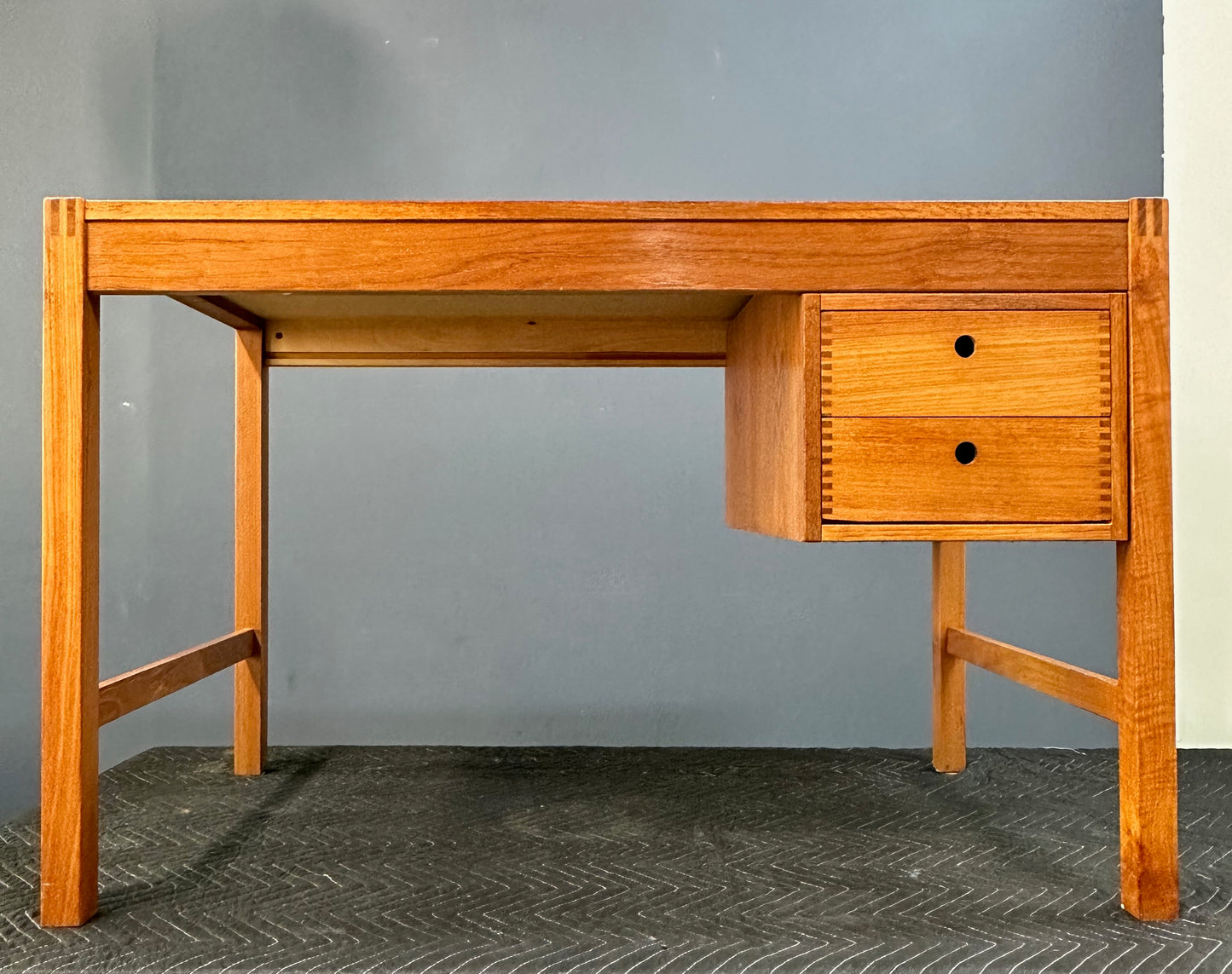Petite Mid Century Teak Danish Desk with Sliding Drawers and Exposed Joinery