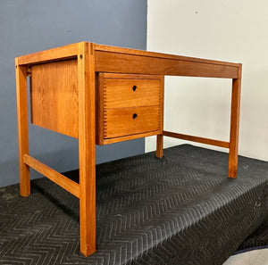 Petite Mid Century Teak Danish Desk with Sliding Drawers and Exposed Joinery