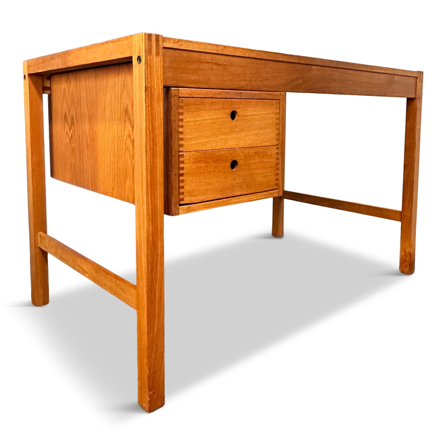 Petite Mid Century Teak Danish Desk with Sliding Drawers and Exposed Joinery