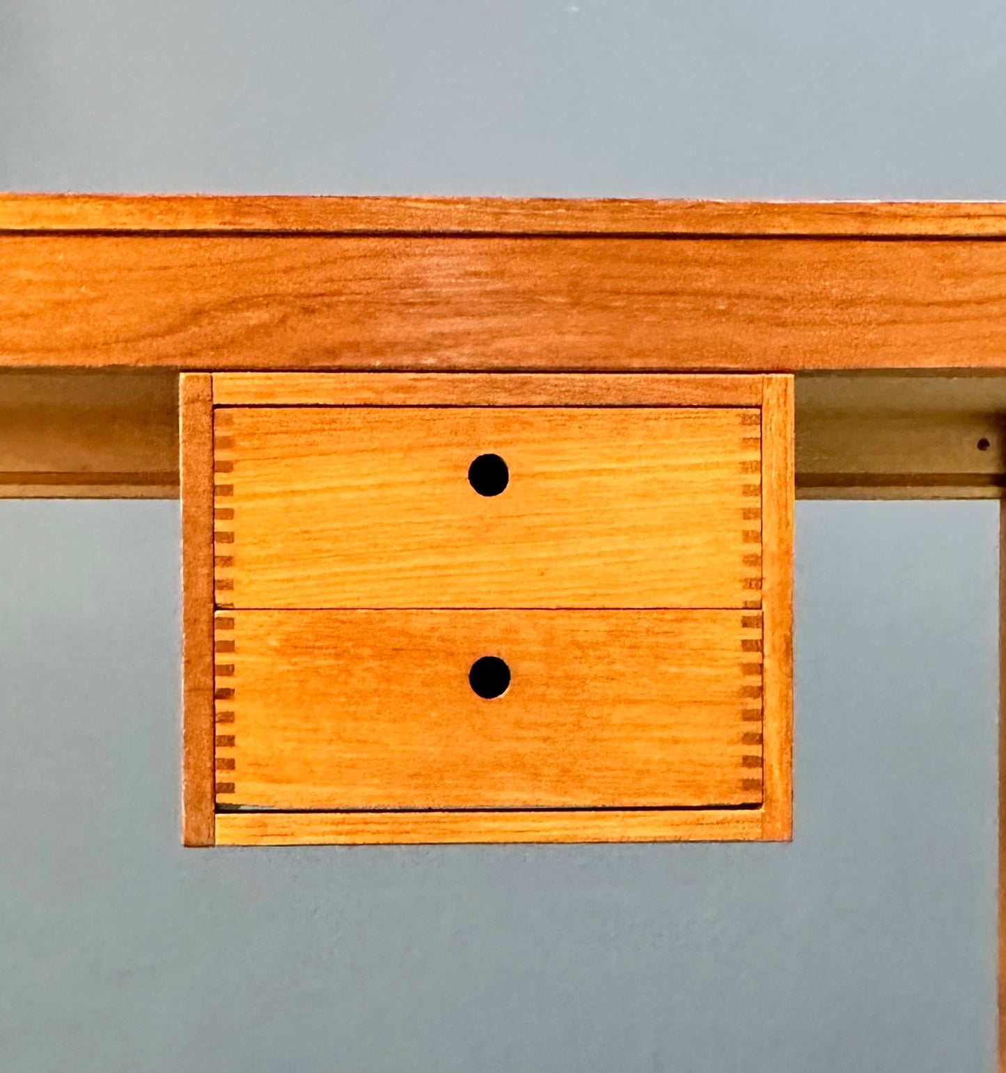Petite Mid Century Teak Danish Desk with Sliding Drawers and Exposed Joinery
