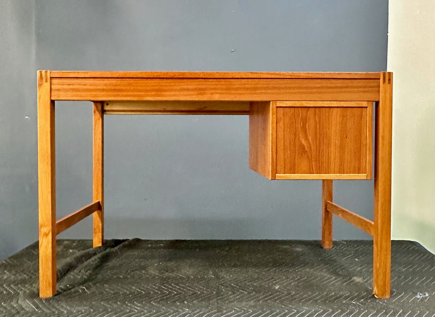 Petite Mid Century Teak Danish Desk with Sliding Drawers and Exposed Joinery