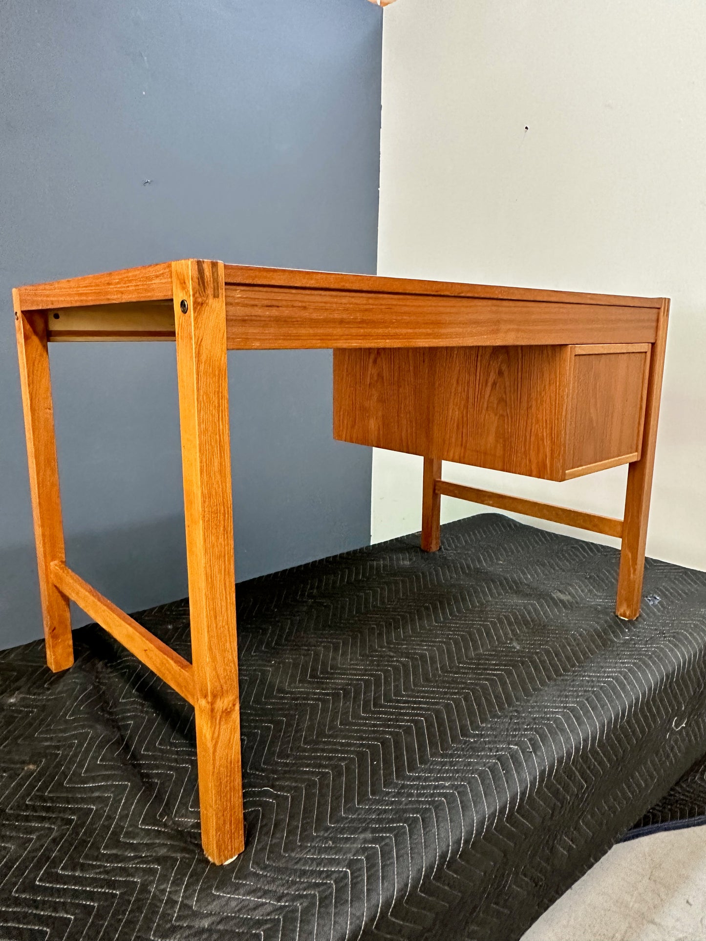 Petite Mid Century Teak Danish Desk with Sliding Drawers and Exposed Joinery