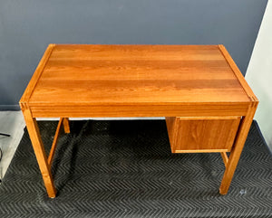 Petite Mid Century Teak Danish Desk with Sliding Drawers and Exposed Joinery