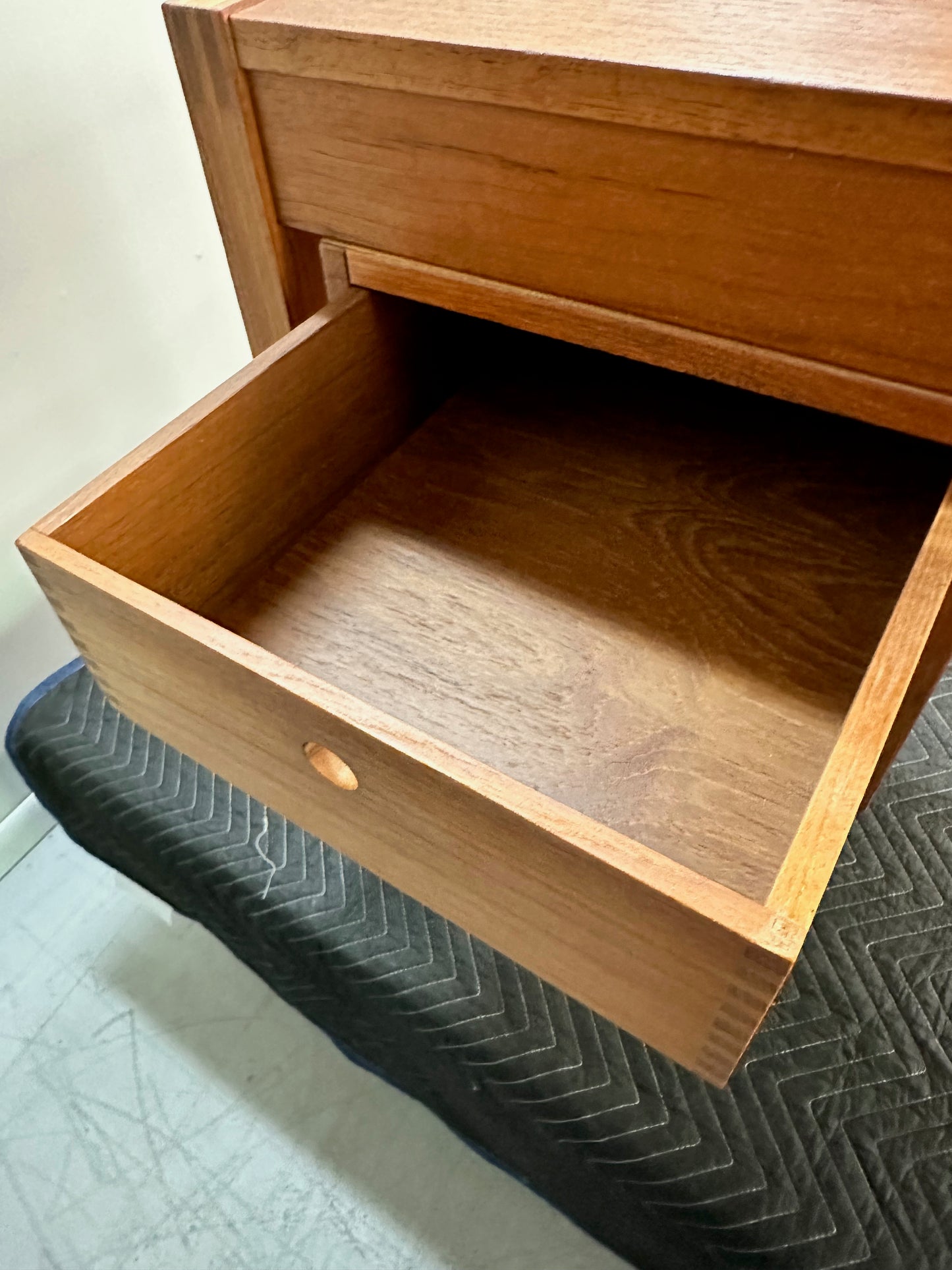 Petite Mid Century Teak Danish Desk with Sliding Drawers and Exposed Joinery