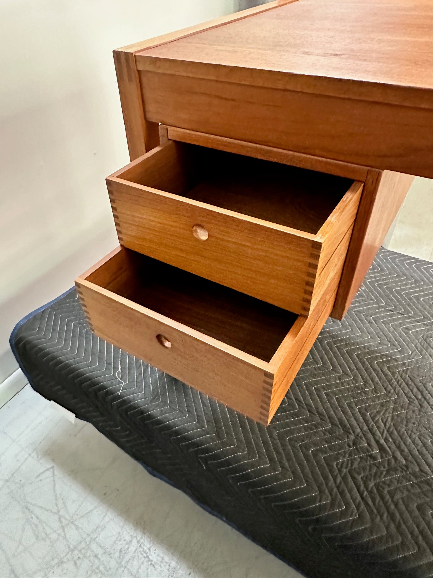 Petite Mid Century Teak Danish Desk with Sliding Drawers and Exposed Joinery