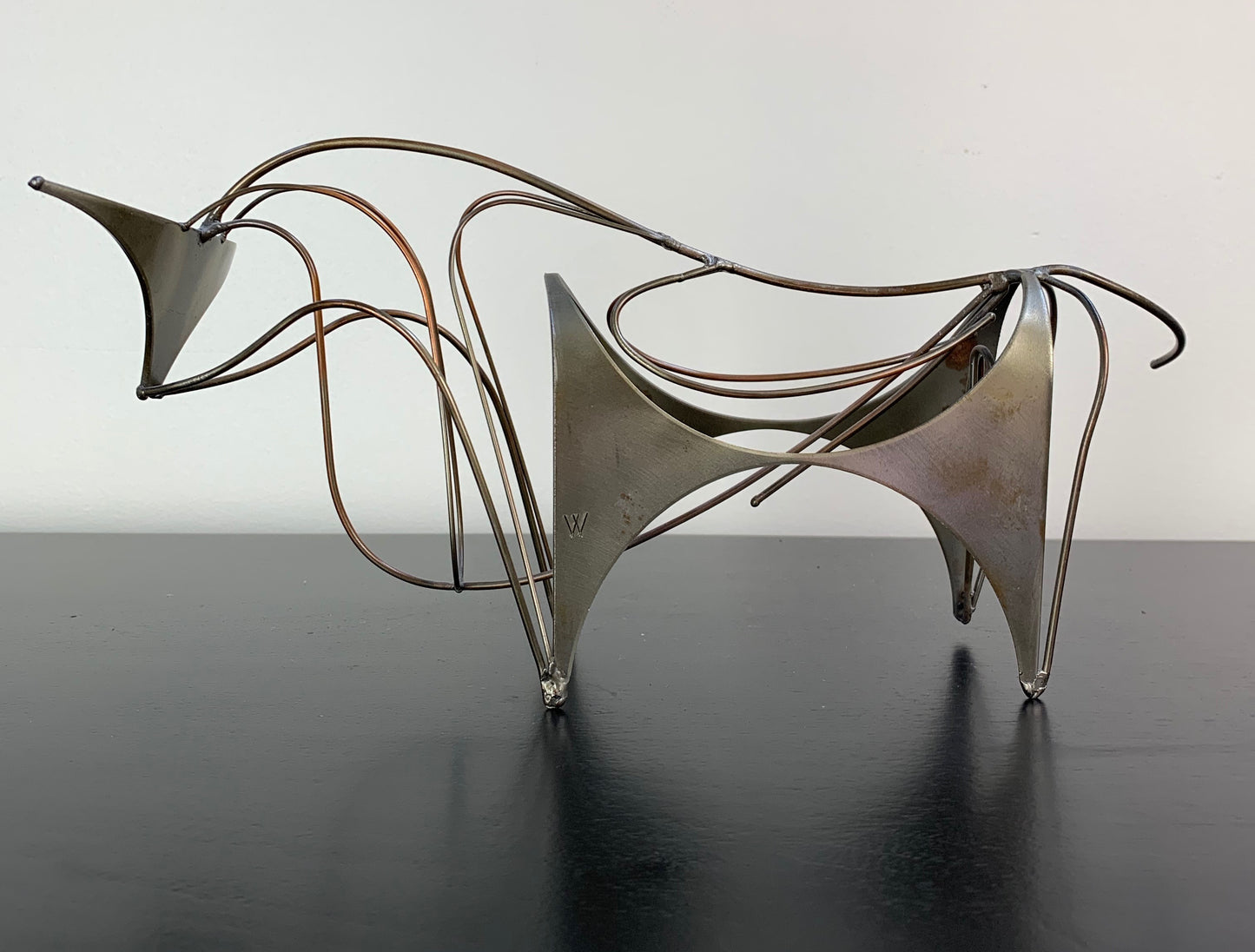 SOLD – Midcentury Wire and Stainless Steel Bull Sculpture Signed "W"
