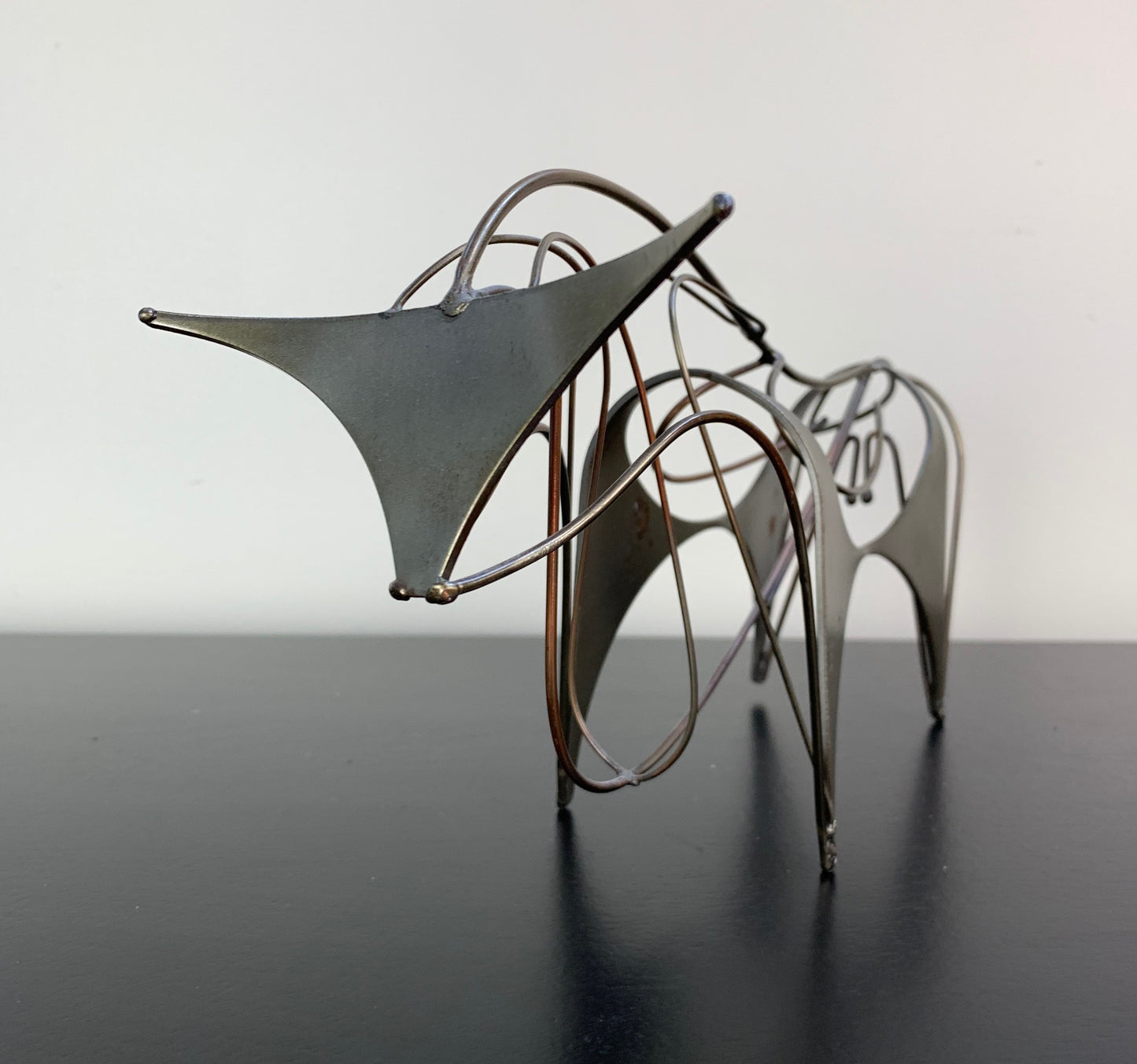 SOLD – Midcentury Wire and Stainless Steel Bull Sculpture Signed "W"
