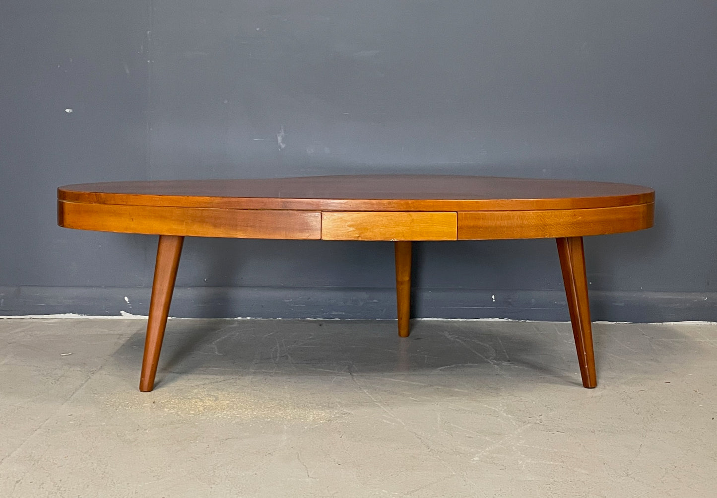 SOLD – Biomorphic Mid Century Coffee Table in the Style of Gibbings in Maple w/Drawer