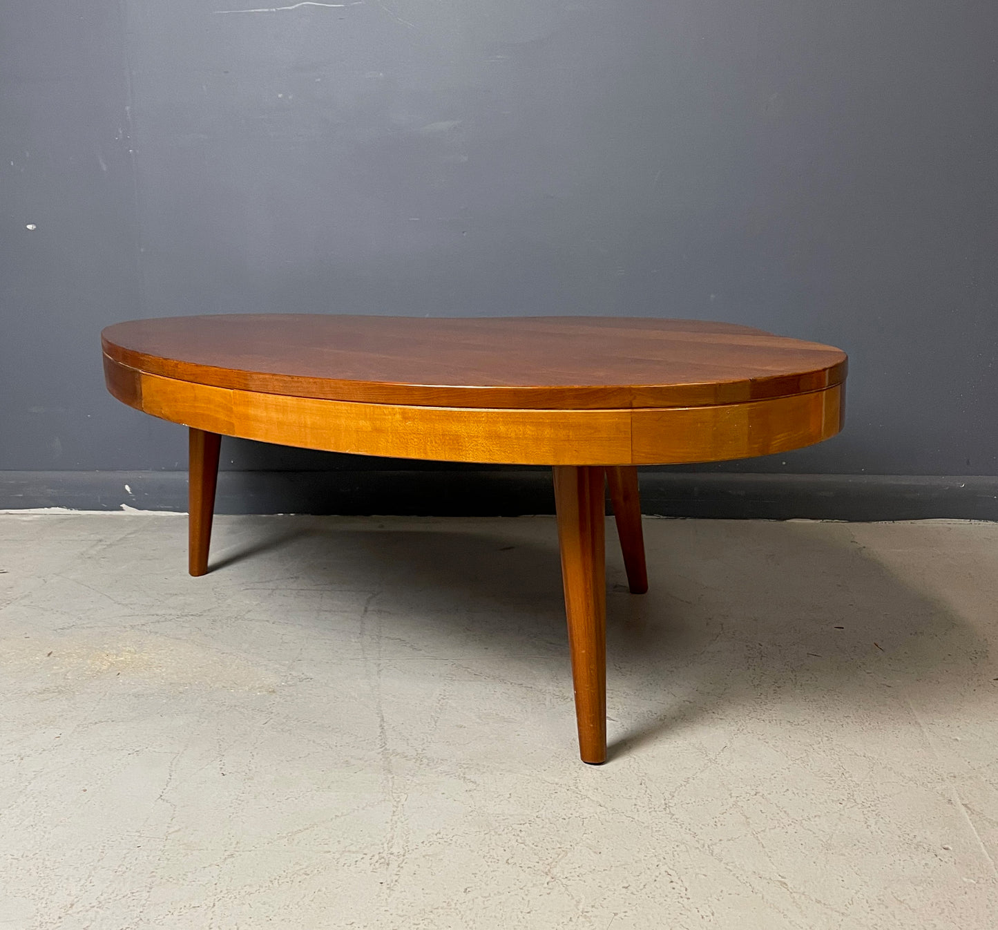 SOLD – Biomorphic Mid Century Coffee Table in the Style of Gibbings in Maple w/Drawer