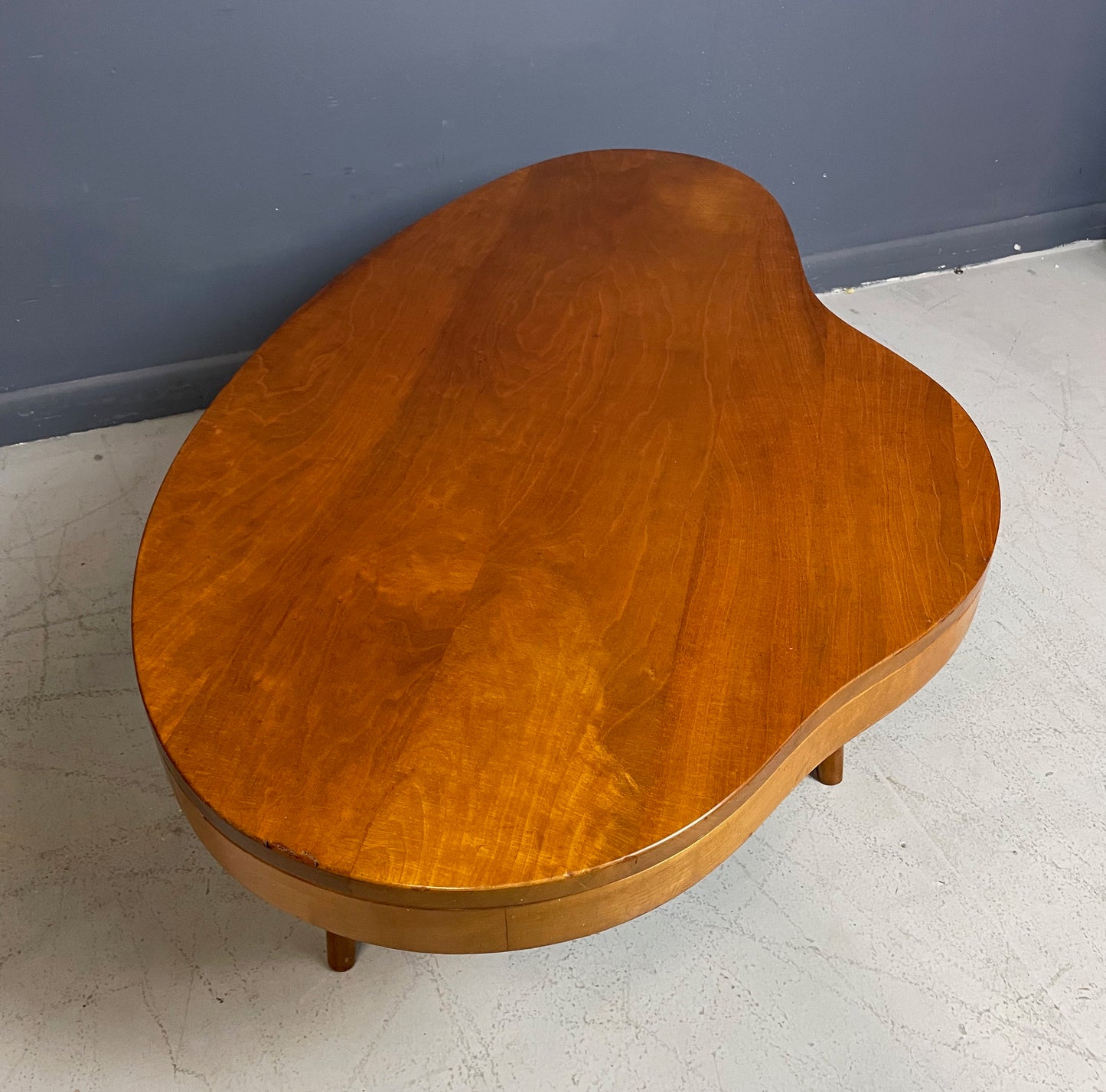 SOLD – Biomorphic Mid Century Coffee Table in the Style of Gibbings in Maple w/Drawer