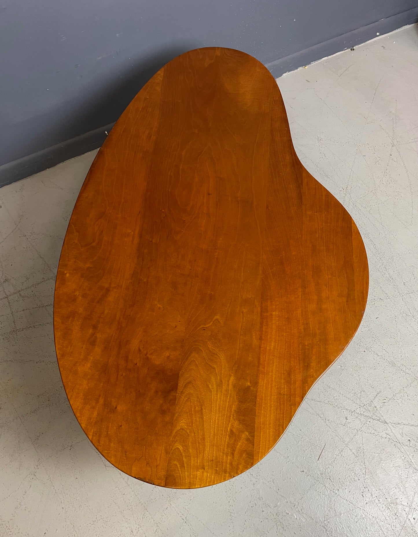 SOLD – Biomorphic Mid Century Coffee Table in the Style of Gibbings in Maple w/Drawer