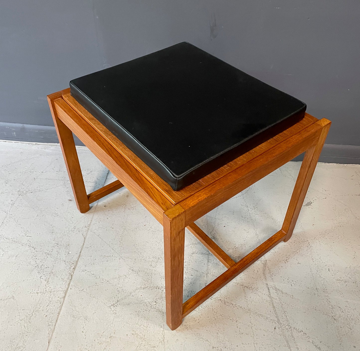 SOLD – 1960s Danish Teak Black Vinyl Teak Flip-Top Stool by Erik Buch