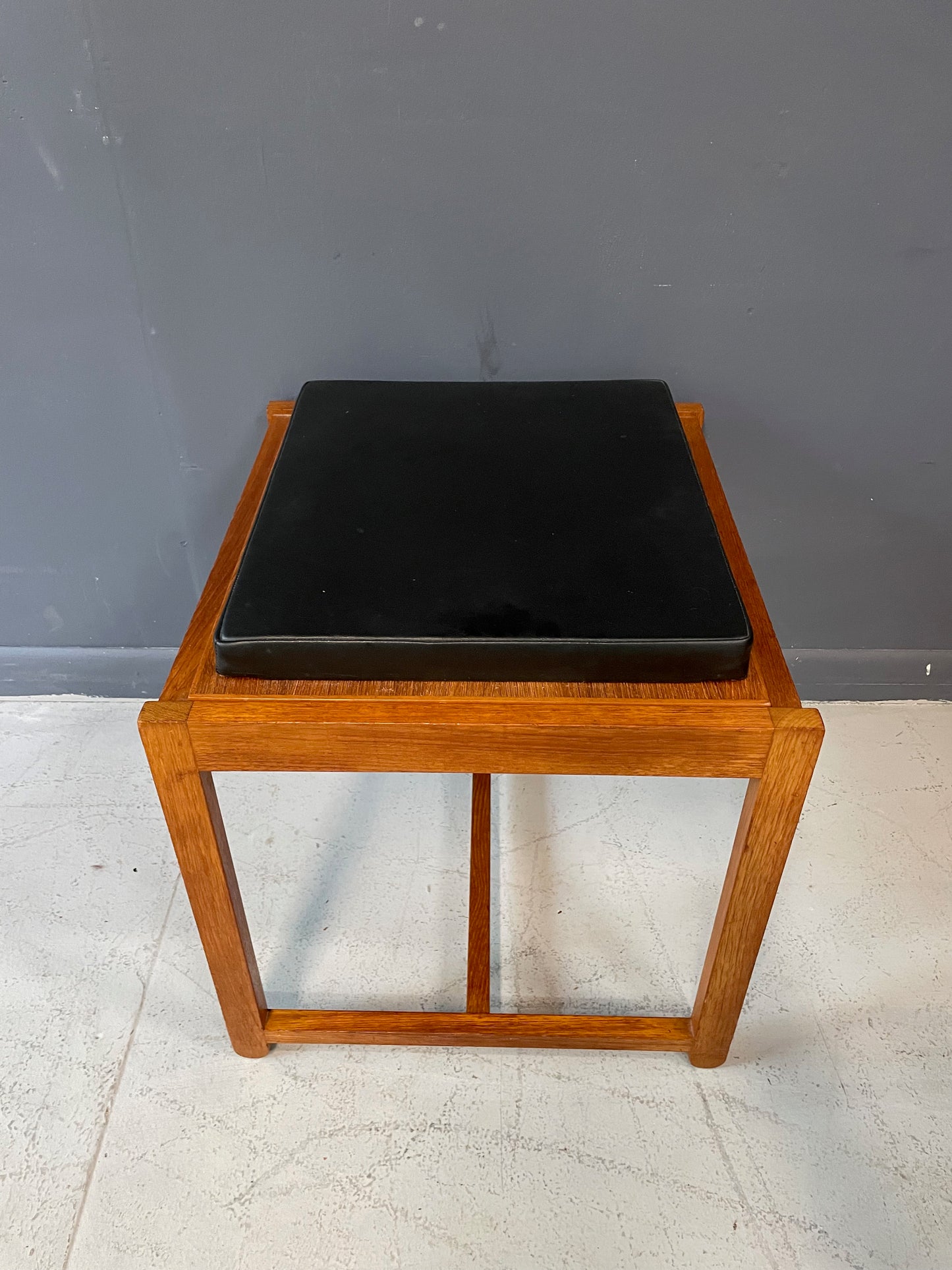 SOLD – 1960s Danish Teak Black Vinyl Teak Flip-Top Stool by Erik Buch