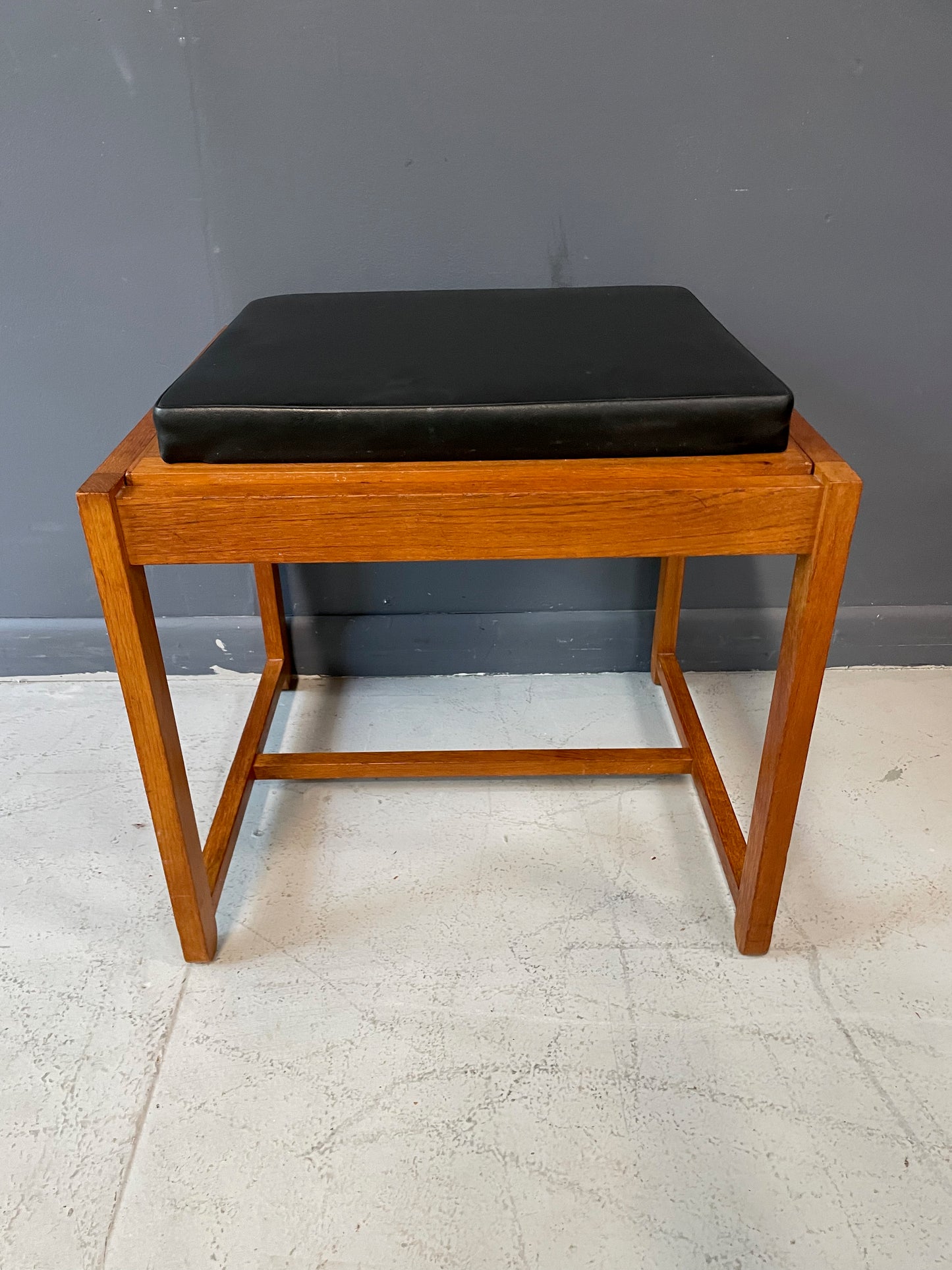SOLD – 1960s Danish Teak Black Vinyl Teak Flip-Top Stool by Erik Buch