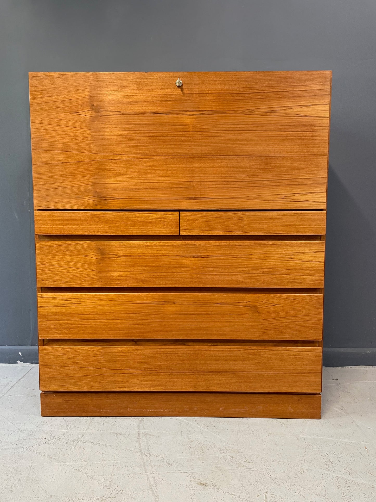 SOLD – Danish Modern Arne Wahl Iversen Tall Teak Desk with Drawers for Storage