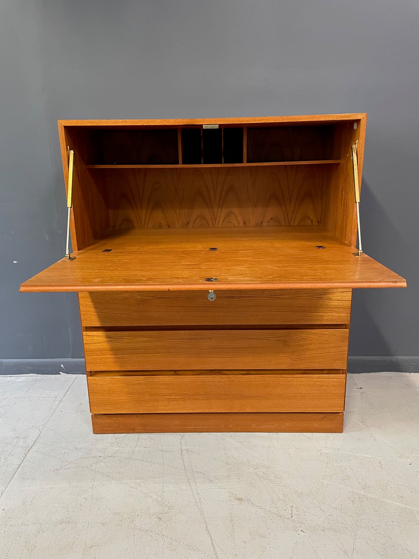 SOLD – Danish Modern Arne Wahl Iversen Tall Teak Desk with Drawers for Storage