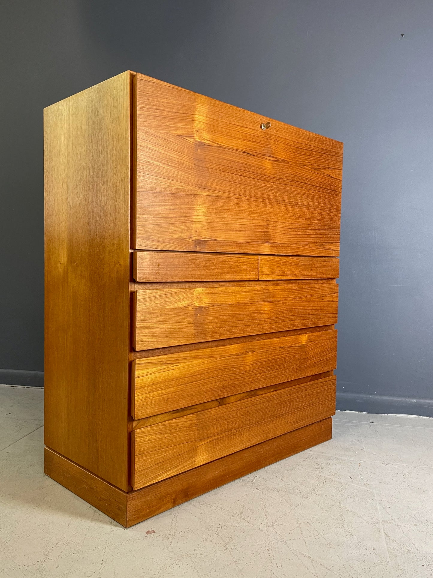 SOLD – Danish Modern Arne Wahl Iversen Tall Teak Desk with Drawers for Storage