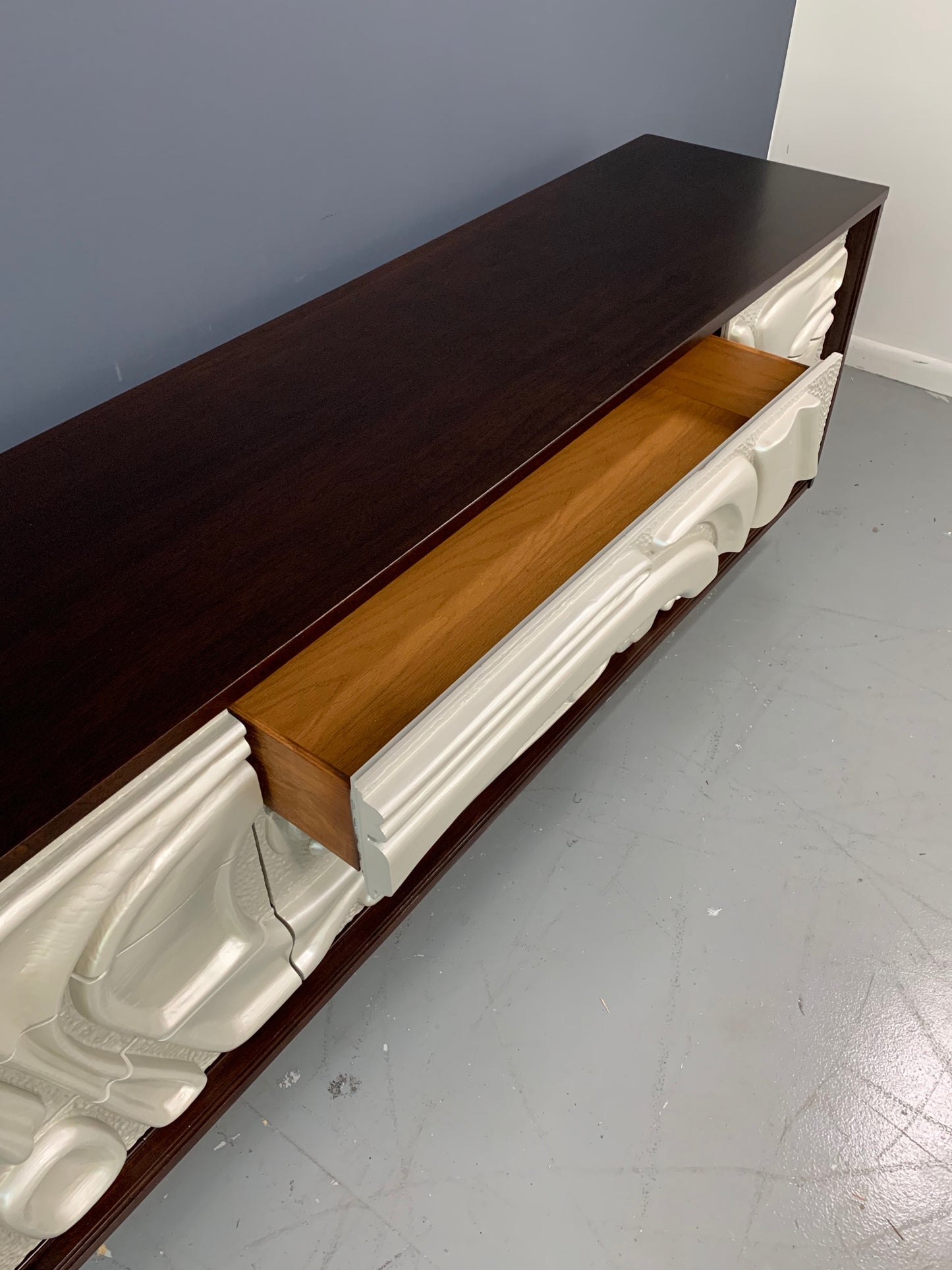 SOLD – Brutalist Mid Century Credenza Philip Lloyd Powell Style