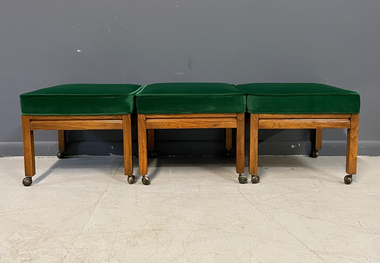 Mid Century Trio of Square Upholstered Stools in Emerald Velvet and Pecan Wood