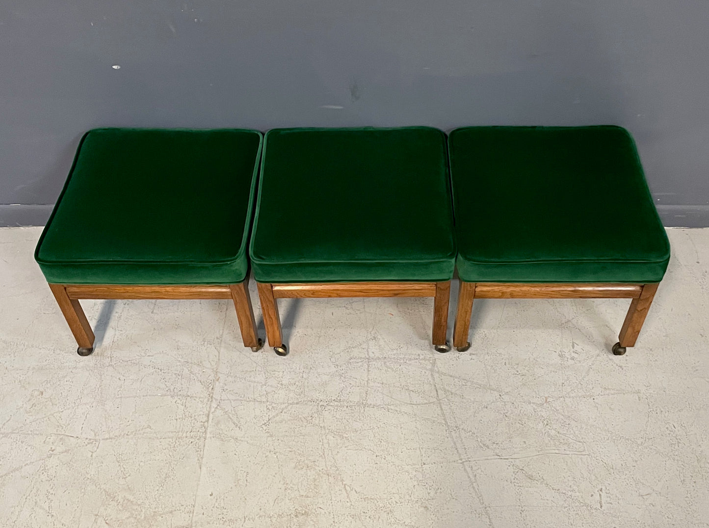 Mid Century Trio of Square Upholstered Stools in Emerald Velvet and Pecan Wood
